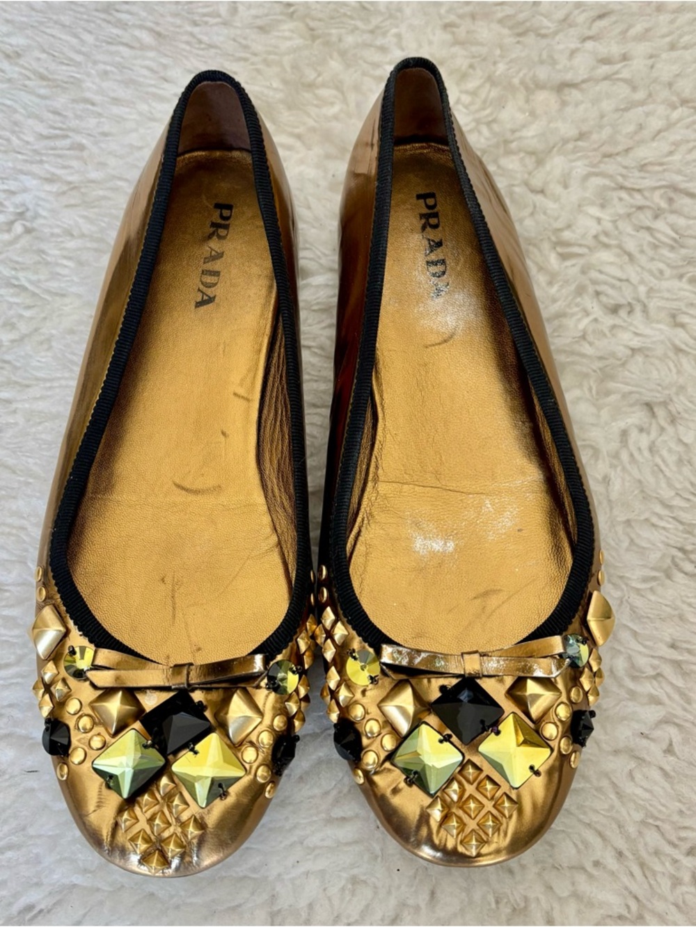 Prada Gold Metallic Embellished Jeweled Ballet Flats size EU 38.5  US 8 - Picture 7 of 12
